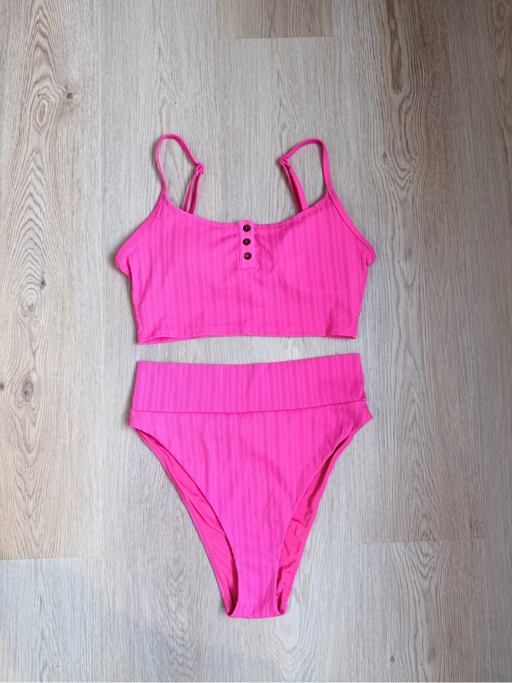aerie Hot Pink Ribbed High-Waist Bikini Set